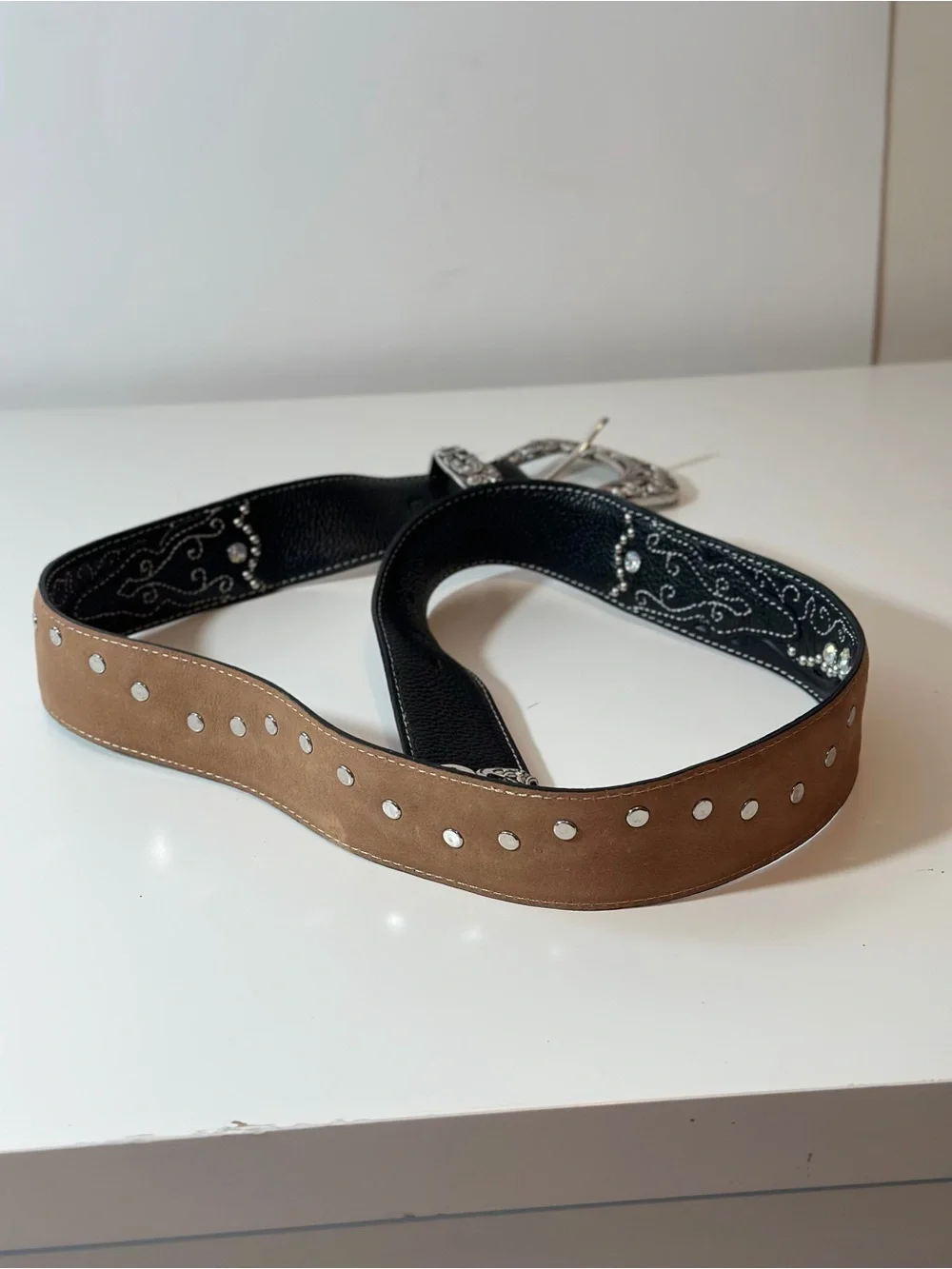 Tony Lama Black Leather Western Belt Crystal Silver Buckle Size 32 1.5